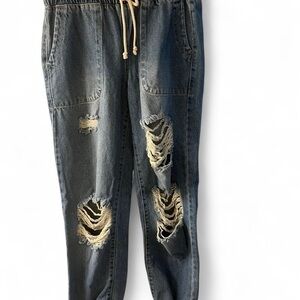 Celebrity Pink Blue Jogger Jeans with Distressed Details​​